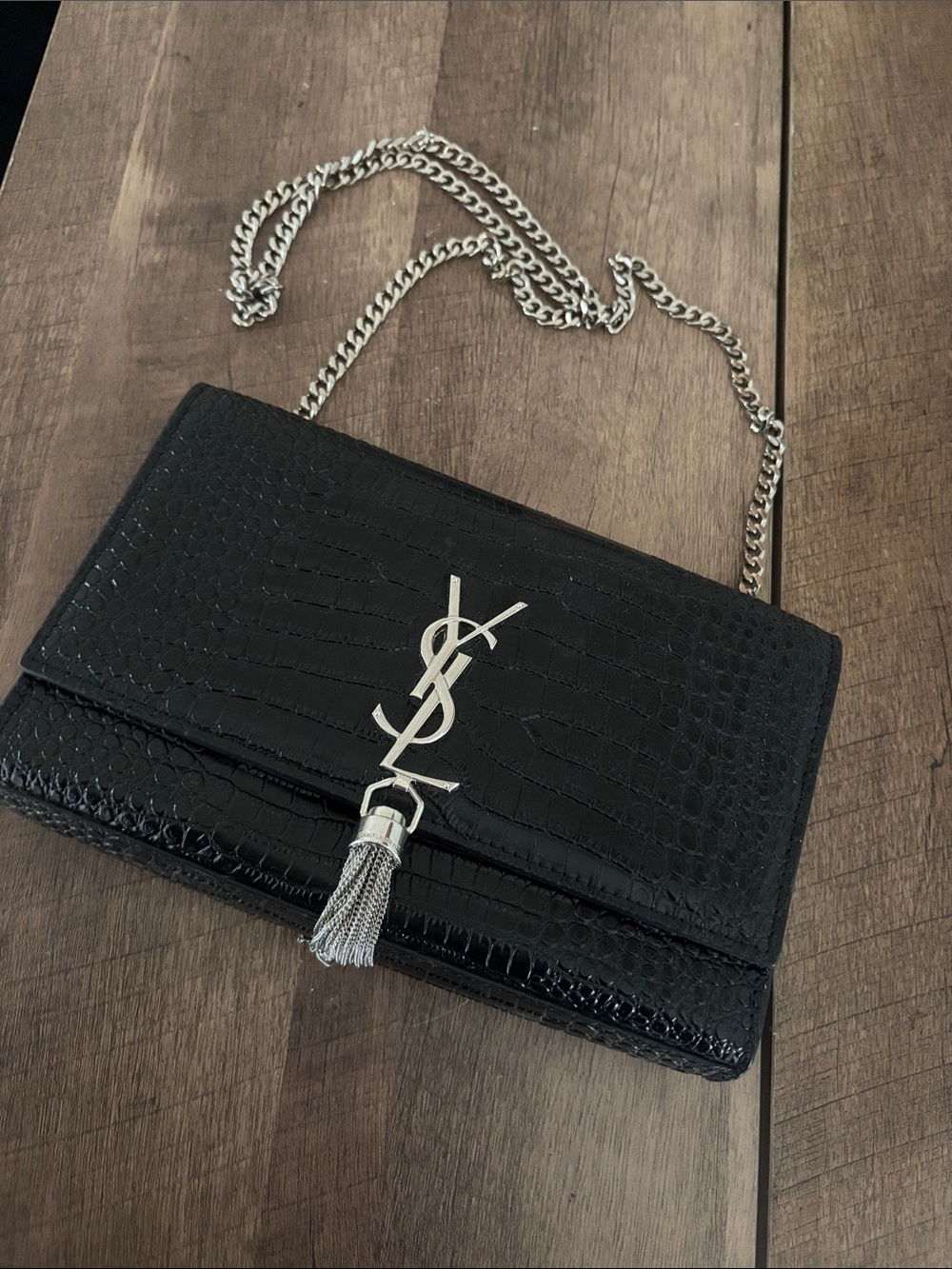 Black Croc-Embossed Tassel Chain Crossbody
